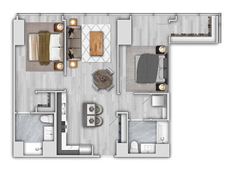 Floor plan for 2 beds, 2 baths, 1129 sqft